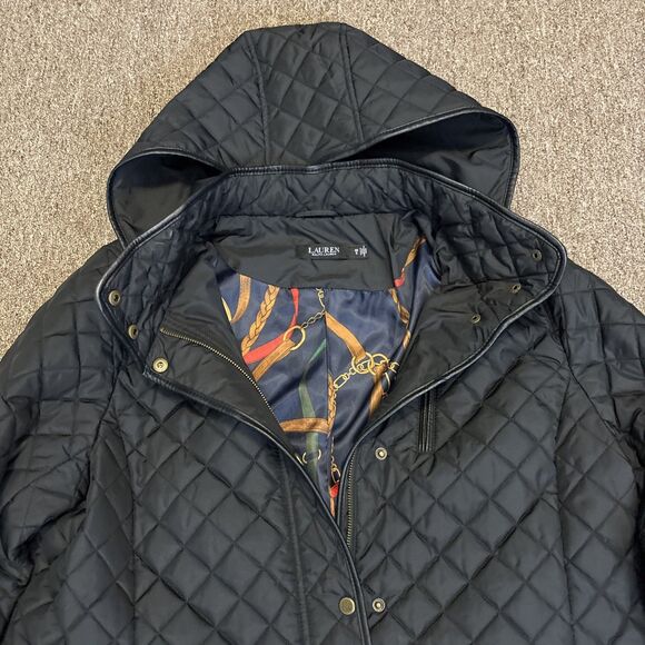 Lauren Ralph Lauren Jacket Women 0X Black Quilt Equestrian Spectator Hood Parka - Picture 1 of 14